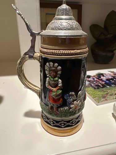 Traditional German Ceramic Beer Stein with Pewter Lid