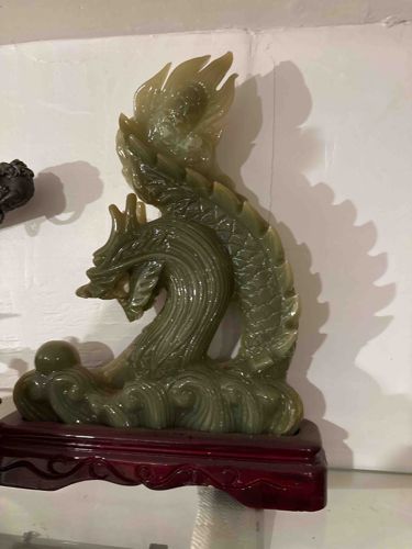 Chinese Hand-Carved Jadeite Dragon Sculpture with Wooden Stand