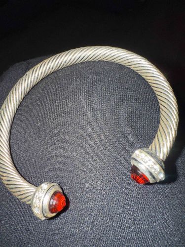 Two-Tone Cable Bangle Bracelet with Red Cabochon Ends