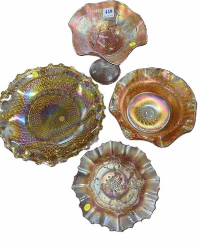 Four-Piece Collection of Marigold Carnival Glass Bowls and Compote