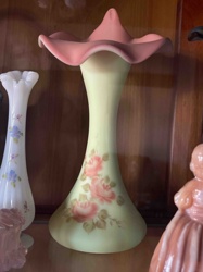 Custard Glass Rose Decorated Ruffled Vase