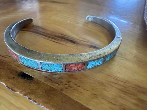 Inlaid Turquoise and Red Coral Cuff Bracelet