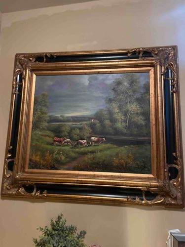 Pastoral Landscape with Cattle in Ornate Gilt and Ebonized Frame