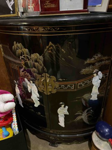 Chinese Chinoiserie Black Lacquer Bow Front Corner Cabinet