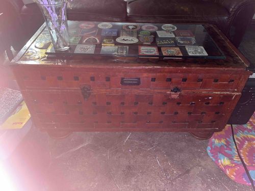 Folk Art Latticework Wooden Storage Trunk with Glass Top