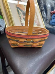 Longaberger-style Woven Wood Basket with Colored Weave and Handle