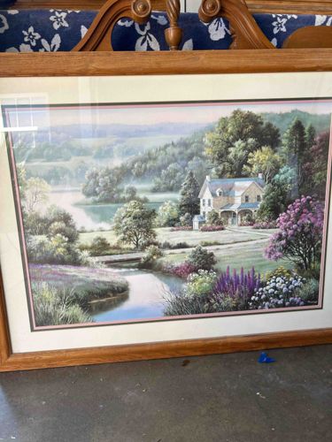 Framed Landscape Print depicting a Stone House by a River