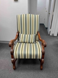 Carved Wood Frame Upholstered Armchair with Lumbar Pillow