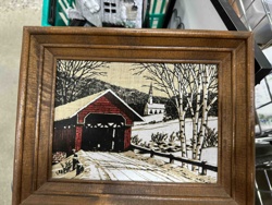 Framed Textile Art: Winter Scene with Covered Bridge and Church