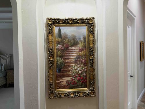 Italianate Garden Landscape Oil Painting in Ornate Gilt Frame