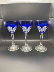 Set of Three Cobalt Blue and Clear Cut Crystal Stemware Glasses