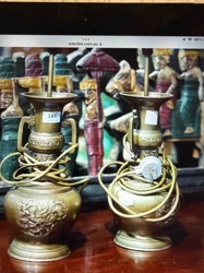 Pair of Oriental Twin-Handled Dragon Motif Brass Lamp Bases