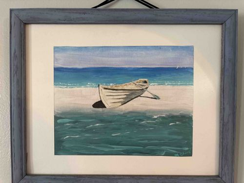 Framed Original Acrylic Painting: Rowboat on Beach by Mary Chesney