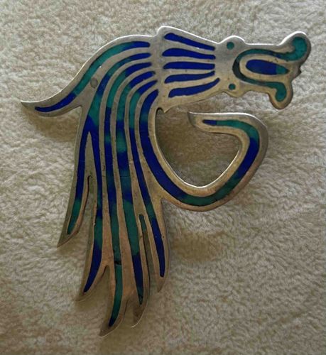 Vintage Mexican Sterling Silver and Inlaid Stone Quetzalcoatl Pin/Brooch