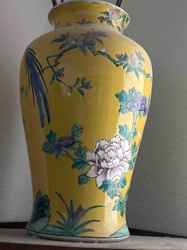Yellow Ceramic Vase with Peony and Bird Motif