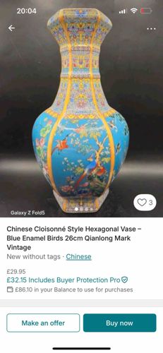 Chinese Cloisonné Style Hexagonal Vase - Blue Enamel Birds