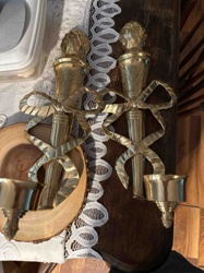 Pair of Brass Sconce Style Candle Holders with Ribbon and Urn Motif