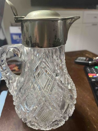 Cut Crystal Ewer/Pitcher with Hinged Metal Lid
