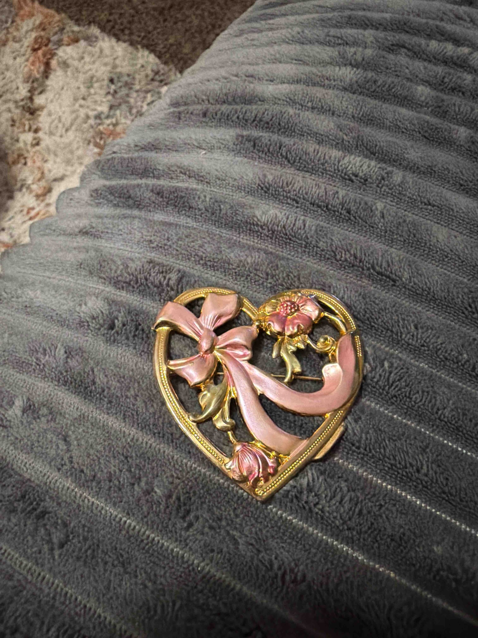 Vintage Gold-Tone Heart Brooch with Enameled Ribbon and Flowers