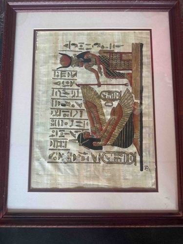 Framed Egyptian Papyrus Art Depicting Deities and Hieroglyphs