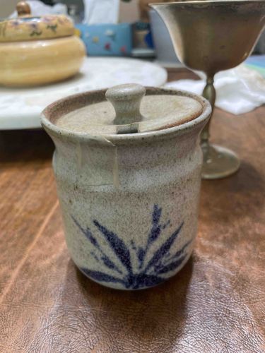 Stoneware Lidded Container with Blue Leaf Motif