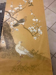 Japanese or Chinese Painted and Embroidered Silk Screen Panel