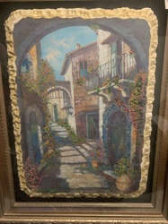 Textured Old-World Street Scene Mixed Media Artwork