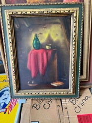 Still Life Oil Painting with Green Bottle and Red Drape