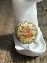 Vintage Filigree Framed Floral Textile Brooch