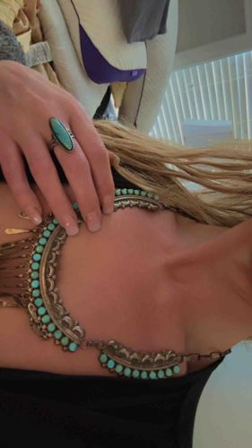 Zuni Sterling Silver and Natural Turquoise Squash Blossom Necklace and Ring Set