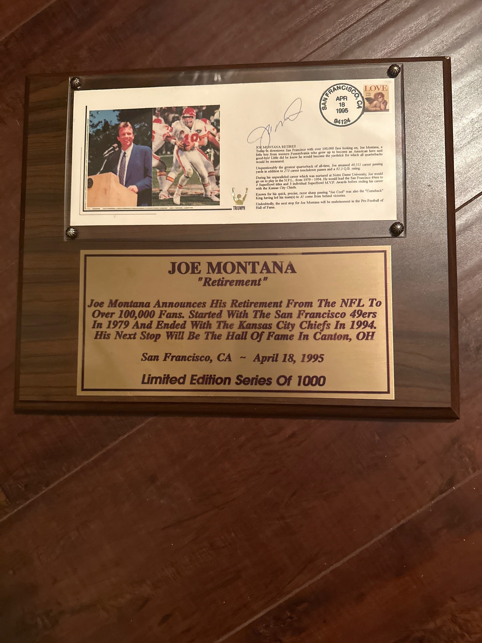 Submitted photo of Sports memorabilia plaque with imagery and text in the style of a Joe Montana retirement commemorative