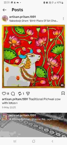 Contemporary Pichwai Painting of a Holy Cow and Lotuses