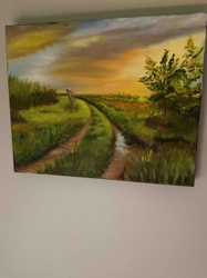 Rural Landscape Oil Painting with Path and Stream