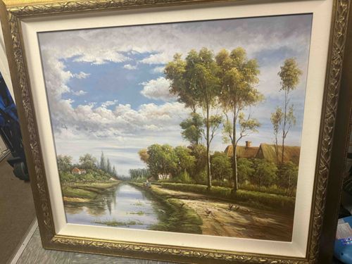 Riverside Landscape Painting with Farmhouse