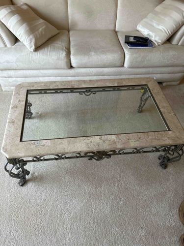 Rectangular Coffee Table with Travertine Top and Wrought Iron Base