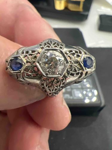 Art Deco 18k White Gold Filigree Diamond and Sapphire Cocktail Ring