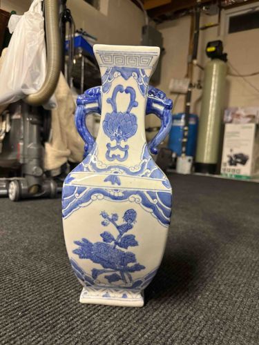 Blue and White Oriental Style Porcelain Vase with Dragon Handles