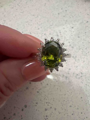 Silver-Toned Halo Ring with Green Gemstone