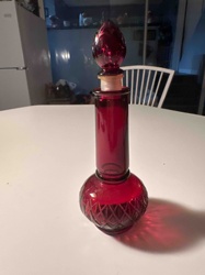 Ruby Red Glass Decanter with Textured Base and Flame Stopper