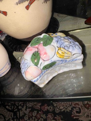 Fruit-Decorated Ceramic Basket-Shaped Trinket Box
