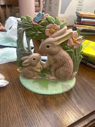 Rabbit Family Figurine with Butterfly and Flowers