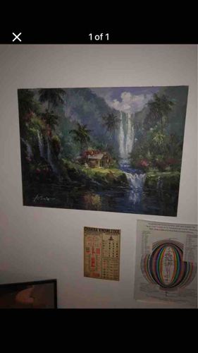 Tropical Waterfall Landscape Painting Signed 'Antonio'