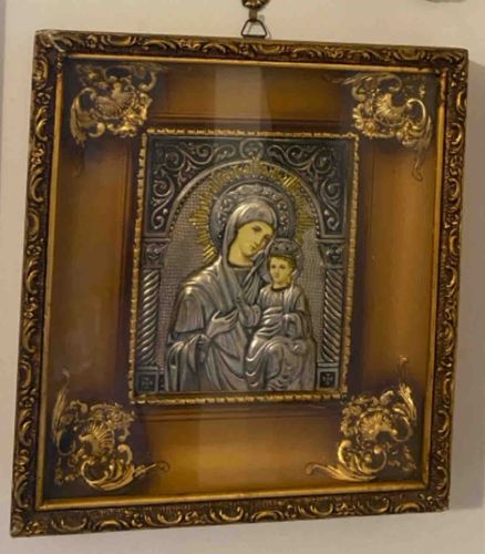 Framed Silver-Toned Icon of Madonna and Child