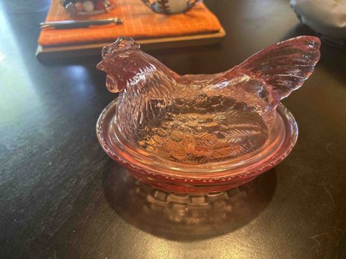 Pink Depression Glass Hen on Nest Covered Dish