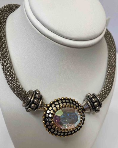 Vintage-Style Two-Tone Mesh Collar Necklace with Aurora Borealis Focal