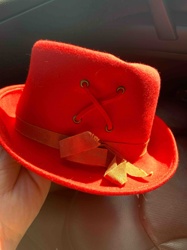 Red Felt Fedora-Style Hat with Lacing and Ribbon Trim