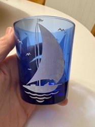 Cobalt Blue Glass Tumbler with Frosted Sailboat Design