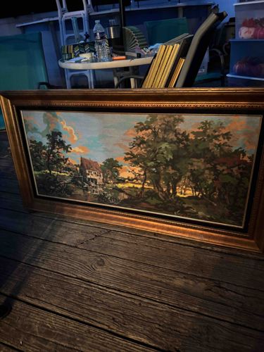 Framed Landscape Painting with European Village and Sunset