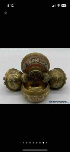 Set of Three Decorated Brass Bells with Central Holder