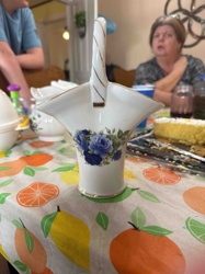 Porcelain Flower Basket Vase with Blue Roses and Gold Trim